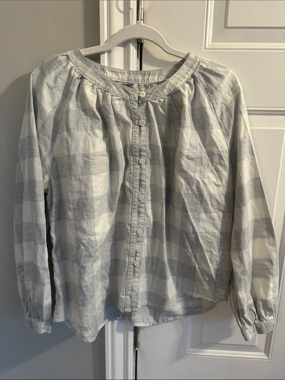 Duluth Trading Co Light Gray and White Plaid Button-Front Shirt